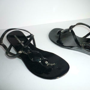 **SOLD** Sz 6.5 Blk Patent Jewel T-Strap Sandal Wedge Shoe